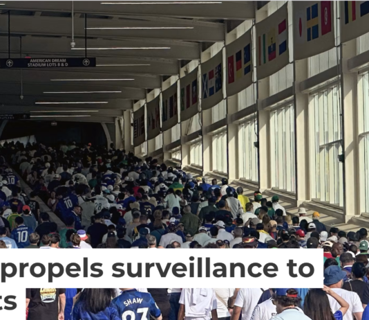 Under the watchful eye of surveillance cameras, fans leave after the France-Senegal World Cup match in East Rutherford, N.J., on June 16, 2026. AP Photo/Ted Shaffrey